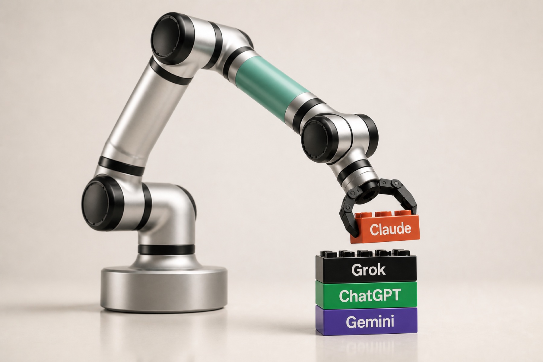 Six-axis robot arm stacking Lego bricks marked Claude, Grok, ChatGPT, and Gemini